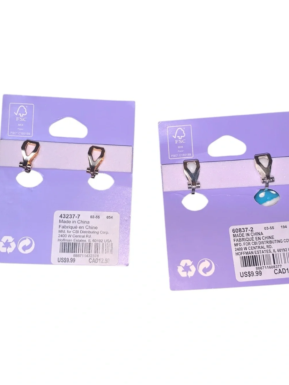 NWT Claire's Kids Blue & White Mushroom and Purple Hearts Clip-On Earrings